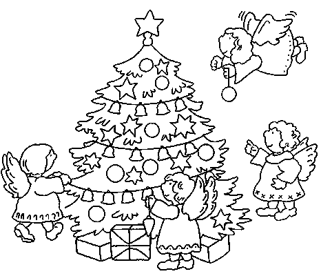 Angels decorate the Christmas tree coloring page